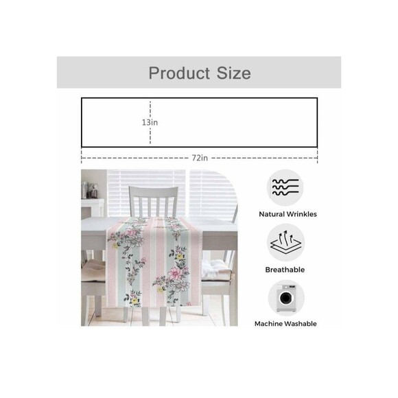 HOSNYE Table Runner Flower and Stripes Pattern,Cotton Linen Table Runner... - Picture 5 of 5